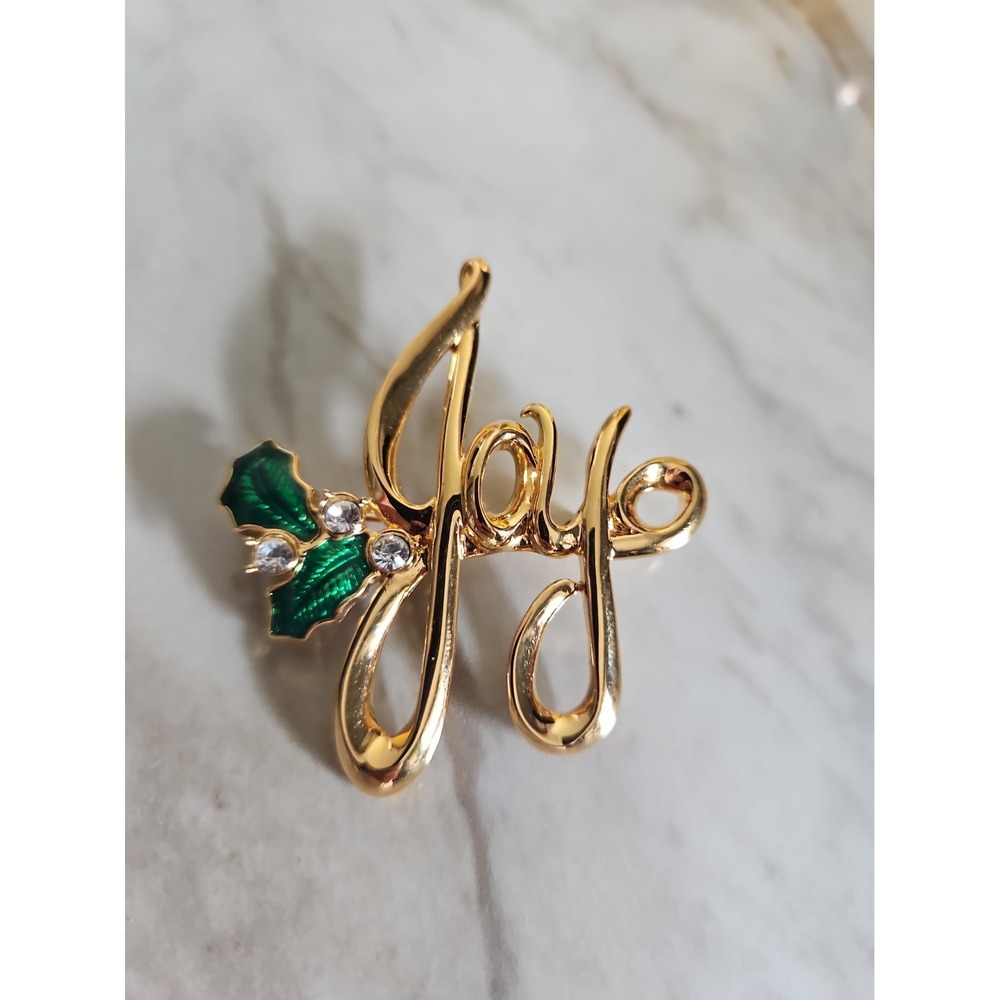 MONET Signed Christmas "Joy" Brooch w/Enameled Holly & Rhinestone Accents VTG